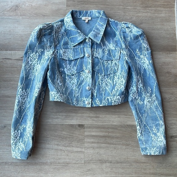 Vici Denim Lace Puff Sleeve Cropped Jacket 80’s inspired coquette size M - Picture 5 of 10